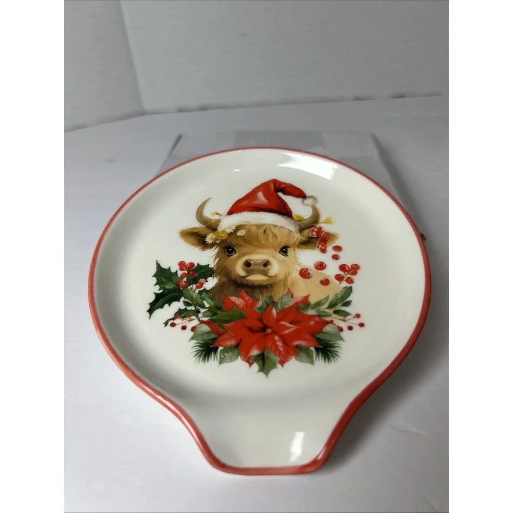 JarThenaAMCS 4.7 In Christmas Spoon Rest Highland Cow Poinsettia New
